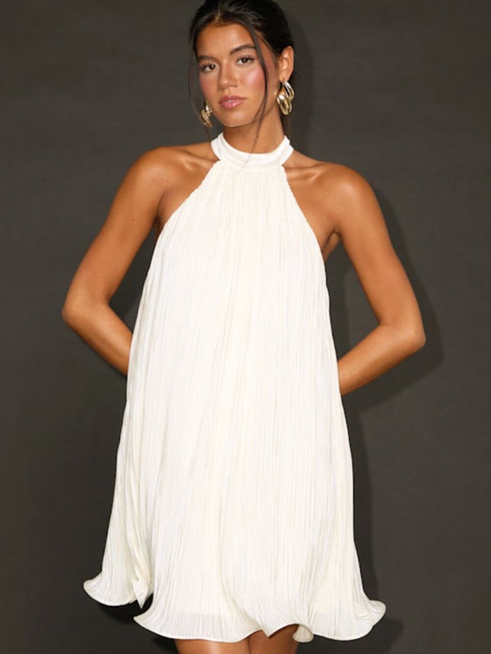 Lulus Vaivah Ivory Satin Plisse Mock Neck Swing Mini Dress White - Size M
